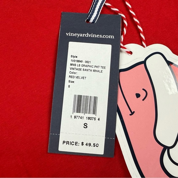 Vineyard Vines Mens Santa Whale Pocket T-Shirt Sz Small Long Sleeve Red A7 - Picture 3 of 10